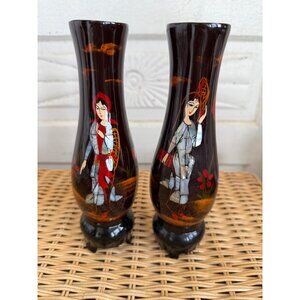 Vintage MCM Pair Lacquer wood footed Vases Inlaid Shell Geisha Girls
